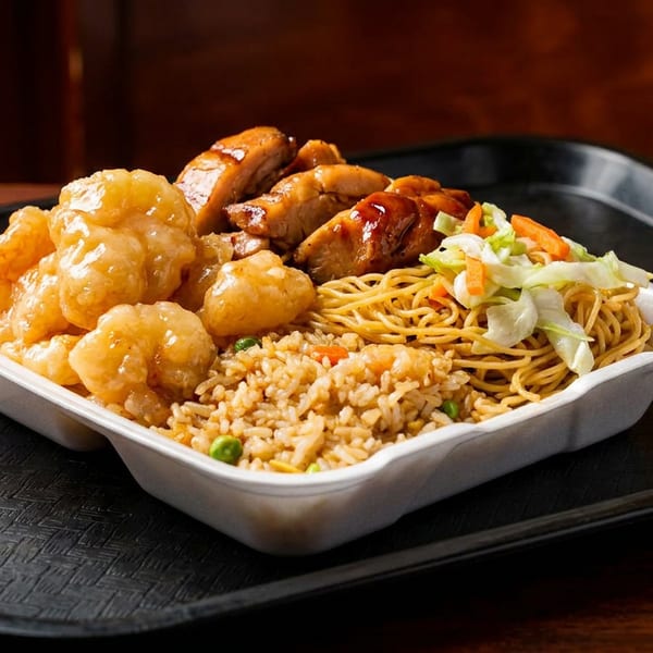Chinese takeout platter with fried shrimp, grilled chicken, fried rice, noodles, and shredded vegetables on a black serving tray.