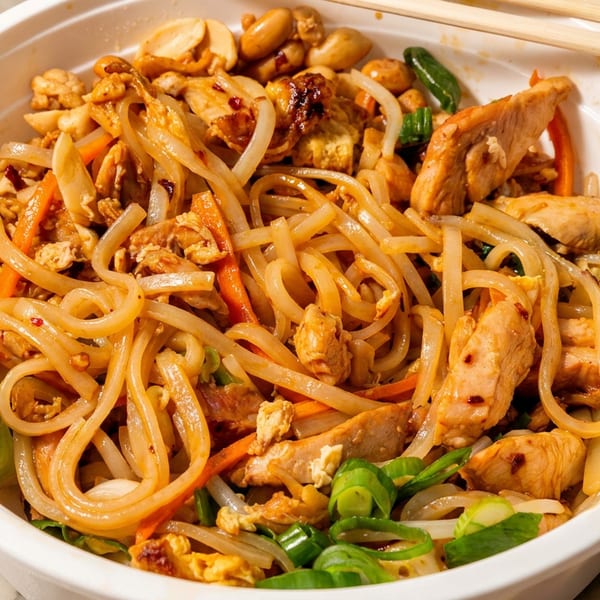 Bowl of stir-fried noodles with chicken, egg, carrots, onions, peppers, and green onions, served with chopsticks.