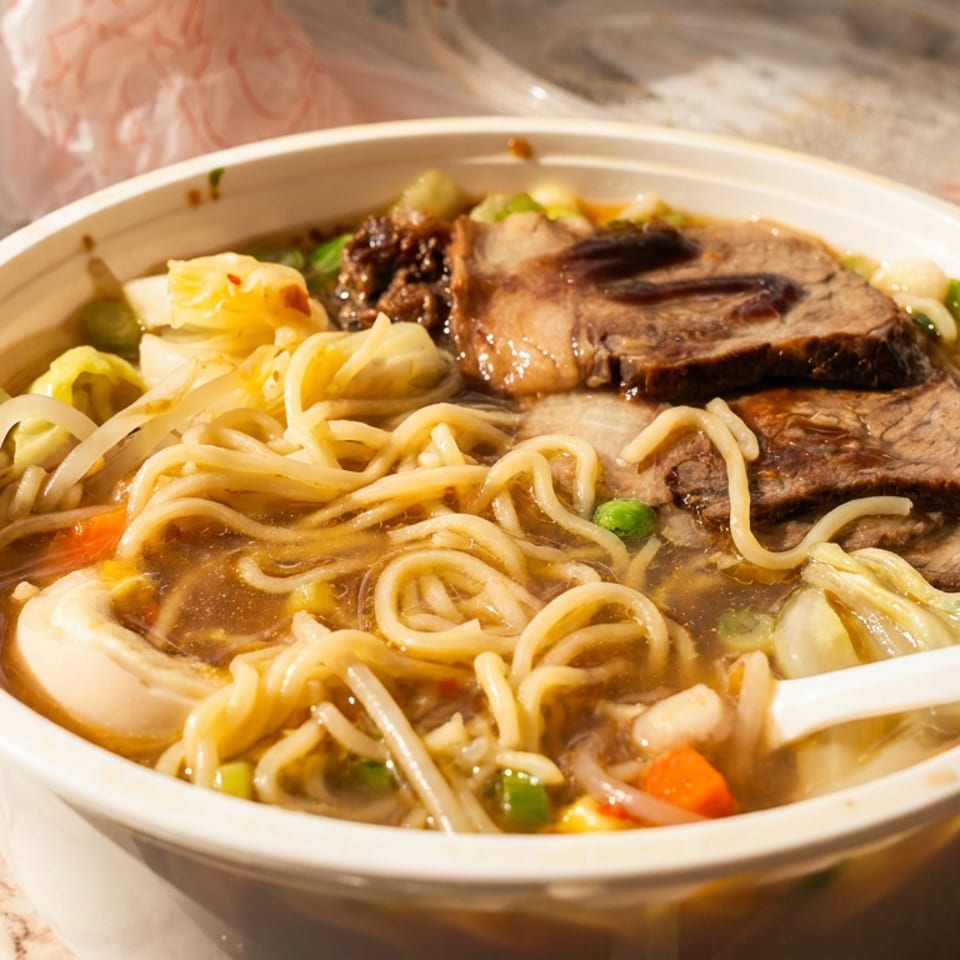 Bowl of noodle soup topped with sliced beef, dumplings, vegetables, and a white spoon on a marble table.