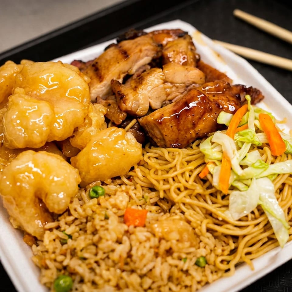 Takeout platter featuring glazed chicken, battered shrimp, fried rice, chow mein noodles, and mixed vegetables with chopsticks nearby.