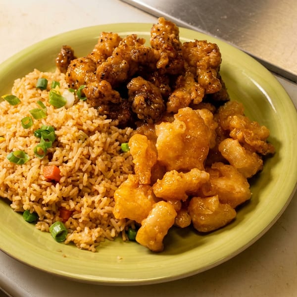 Green plate of fried rice with scallions, glazed chicken, and golden battered pieces on a kitchen counter.