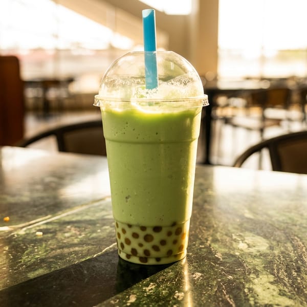 Green bubble tea with tapioca pearls and blue straw on a sunlit restaurant table.