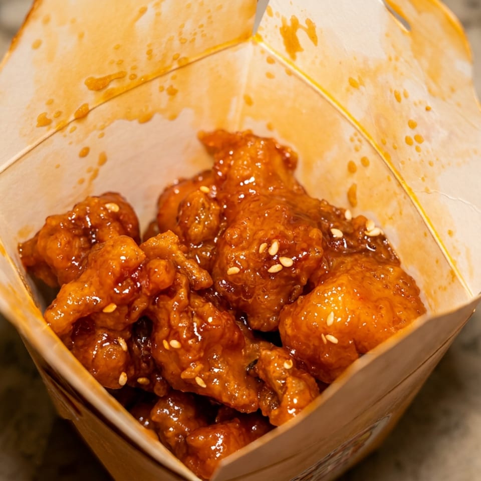 Glazed fried chicken pieces sprinkled with sesame seeds in an open paper takeout container.